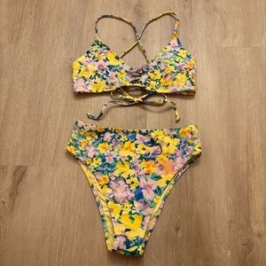 RELLECIGA Yellow Bikini Multicolored Floral High Waisted Bottoms Small